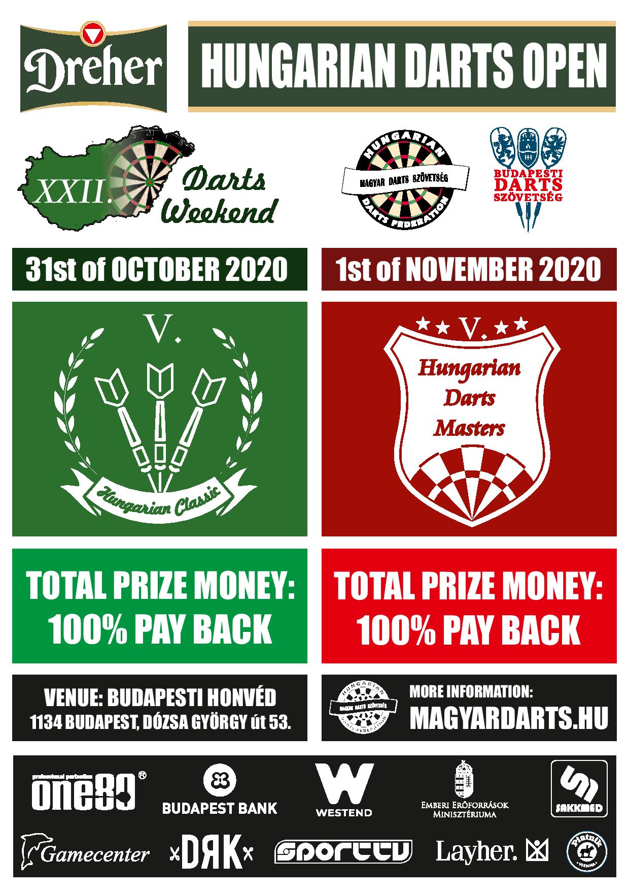 KÖZLEMÉNY a 2020-as Hungarian Darts Opennel kapcsolatban A Magyar Darts Szövetség szeretne tájékoztatni mindenkit arról, hogy szándékában áll megrendezni a XXII. Hungarian Darts Opent, a sportág nemzetközi ünnepének hétvégéjét Budapesten. A legfontosabb információk megtalálhatóak a fenti szórólapon, a részletes szabályokat hamarosan publikáljuk a hivatalos honlapunkon. Bár – a nemzetközi járványhelyzet miatt – ez a verseny nem ad pontokat a WDF (vagy BDO) világranglistáján, a Magyar Darts Szövetség szívesen lát játékosokat a világ bármely szegletéből e nagyszabású rendezvényén. Természetesen minden szükséges óvintézkedést megteszünk a résztvevők egészségének védelmében. Ha szükséges, készek vagyunk meghívóleveleket kiküldeni a játékosok problémamentes utazása érdekében. Abban az esetben, ha szükségetek van ehhez bármilyen segítségre, lépjetek kapcsolatba velünk az office@magyardarts.hu e-mail-címen! Végezetül engedjétek meg, hogy jó előre jelezzük, mindent elkövetünk annak érdekében, hogy 2021 márciusában megrendezhessük a Budapest Darts Opent, 2021 októberében pedig a Hungarian Darts Opent. További részletek hamarosan, figyeljétek hivatalos oldalainkat! Sportbarátsággal, a Magyar Darts Szövetség csapata